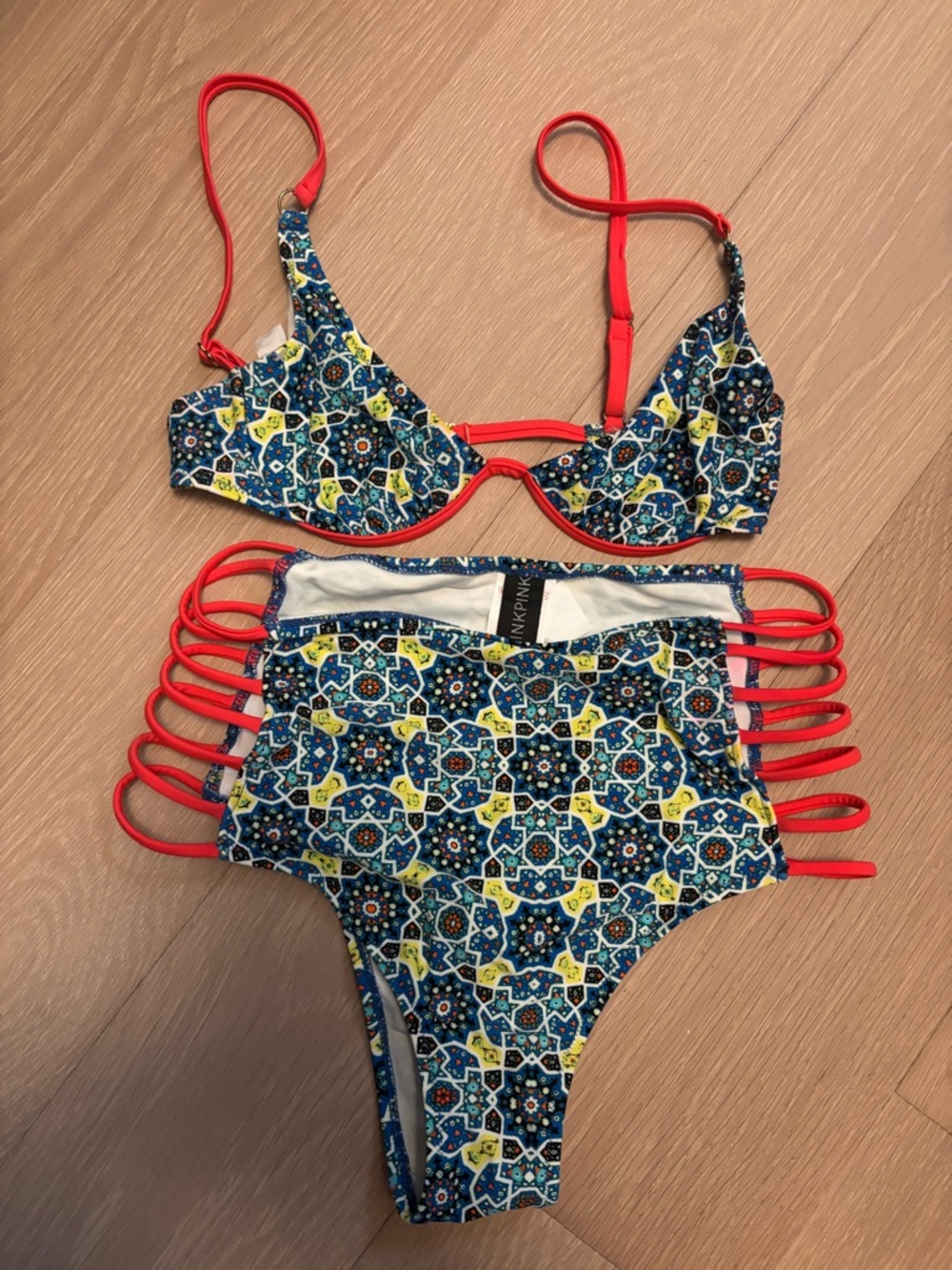 2 for $25- Floral Tile Print Bikini with Red Trim